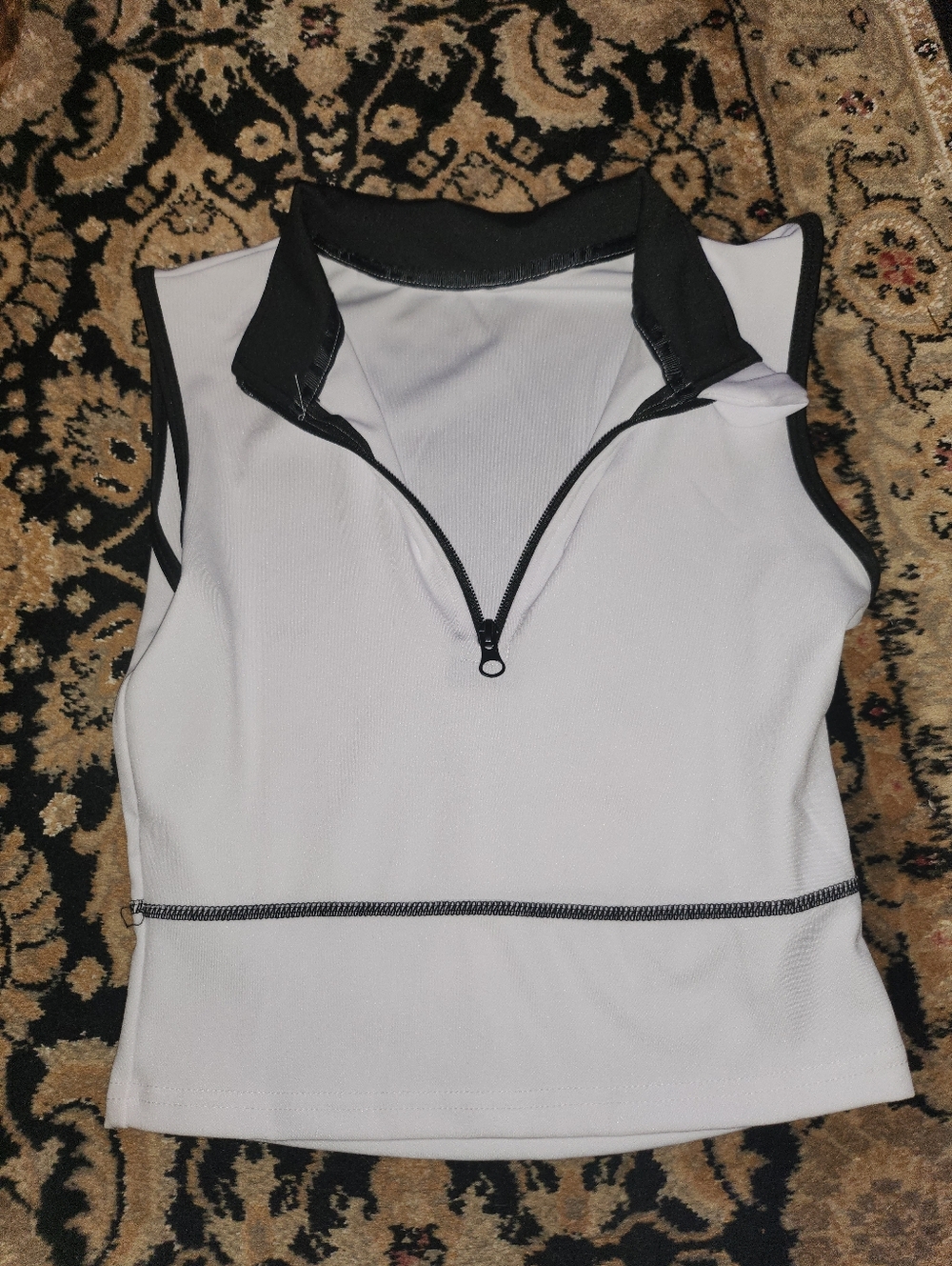 Sleeveless White Zip-Front Women's Top with Black Trim